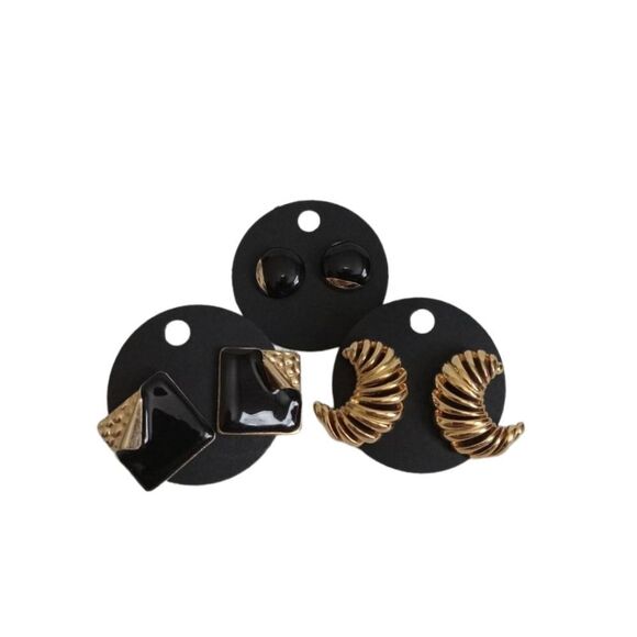 Vintage Set of 3 Gold Toned & Black Assorted Statement and Stud Style Earrings - Picture 1 of 10
